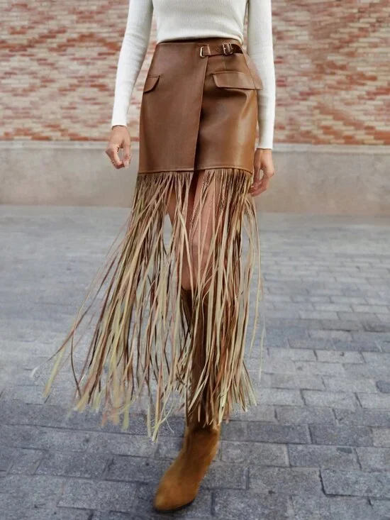 Khaki Bohemian Women's Wrap Midi Skirt Tassel Hem - Picture 5 of 6